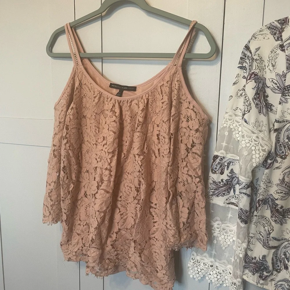 Bundle 2 White House Black Market Pink Lace Cold Shoulder Top & Lacy design. - Picture 5 of 14